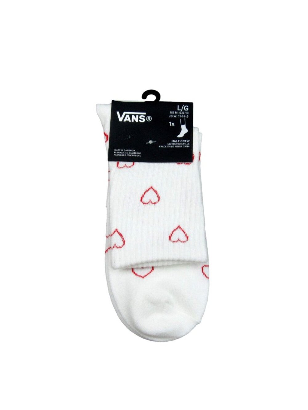 Vans Hearts White Half Crew Socks Unisex Size Large (1 Pair) NEW